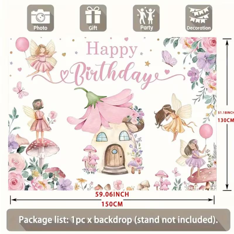 2D Magical Fairy Birthday Tapestry, Floral Mushroom Wall Decor for First Birthday Party