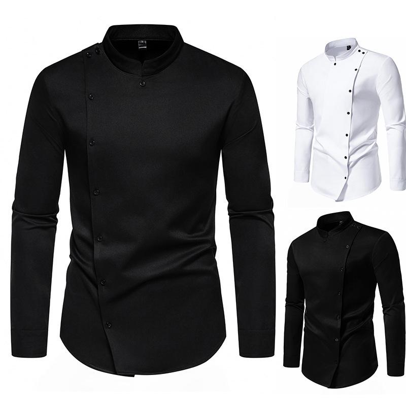 Camisa de vestir blanca para hombre con cuello mao asimétrico, botones asimétricos, manga larga, corte slim