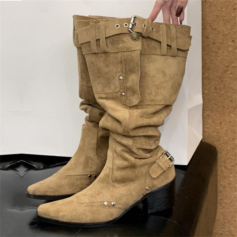 

Vintage Women Knee-High Boots Fashion Design Buckle Strap Pointed Toe Square Low Heels Female Shoes De Mujer 35