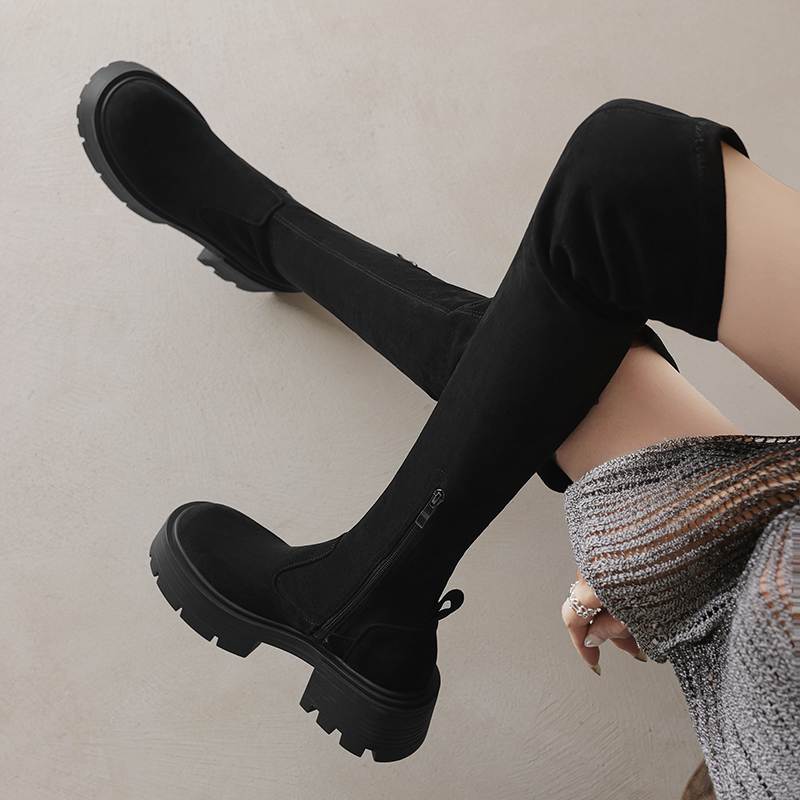 Krazing Pot Microfiber Autumn Winter Shoes Thick Bottom Flat Platform Size 43 Long Boots Zipper Over-the-knee Boots
