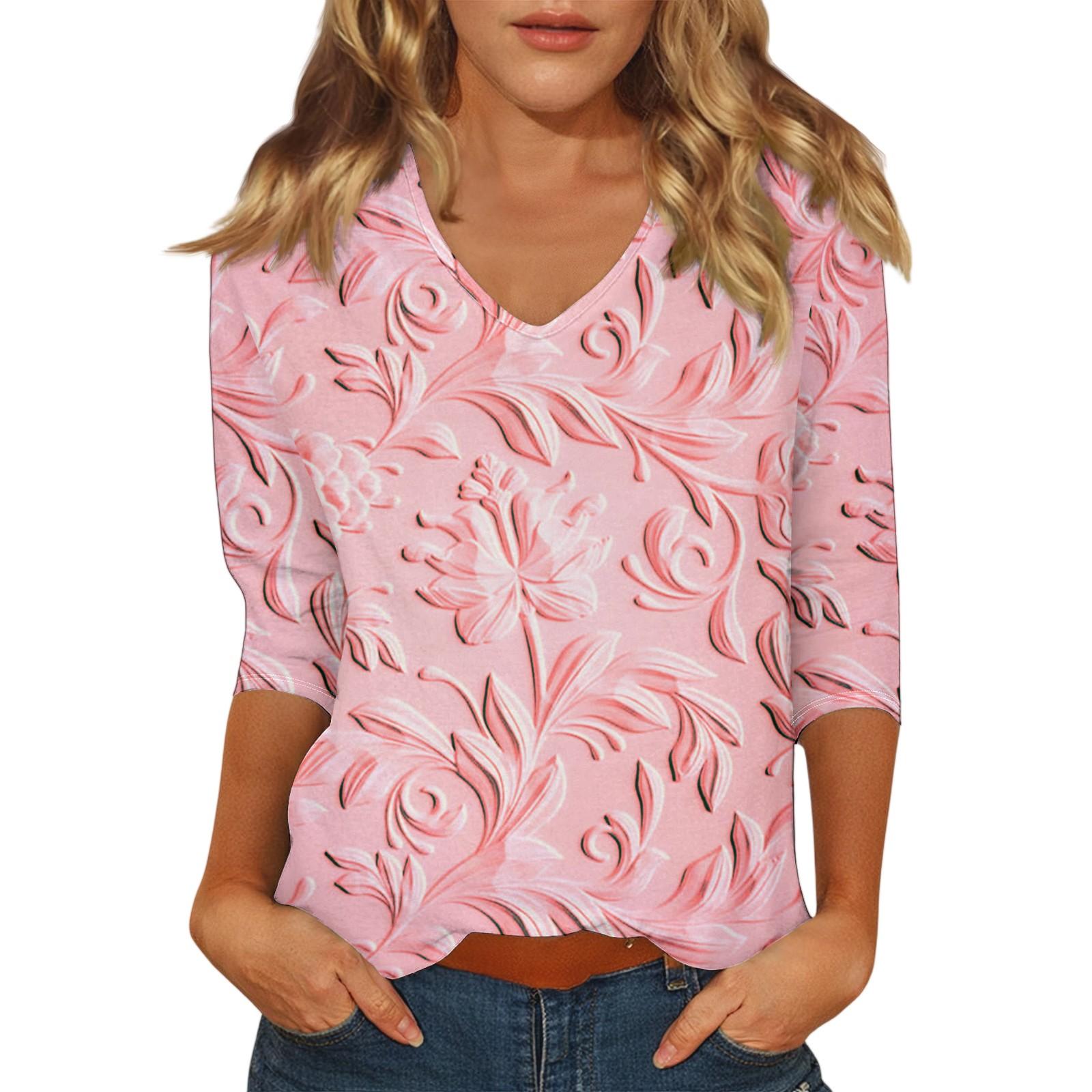 

Women s Casual Fashion Sexy Comfortable V-Neck Floral Seven Sleeve Top XL рожевий