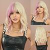 Professional  Synthetic Body Wavy Light Blue Hair Wig with Bangs for Women Daily Party High Density Middle Length Highlight Purple Wigs