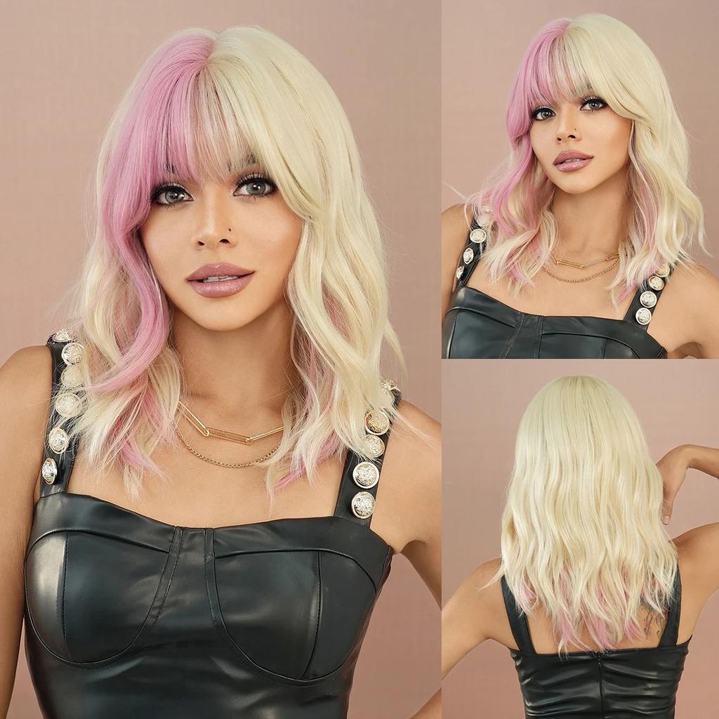Professional  Synthetic Body Wavy Light Blue Hair Wig with Bangs for Women Daily Party High Density Middle Length Highlight Purple Wigs