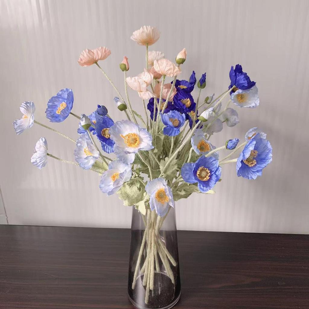 Silk Poppy Flower Flocking Simulation with 4 Heads for Decorative Photography