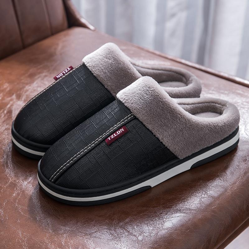 Leather slippers men's winter indoor home non-slip new couple home waterproof cotton slippers women's autumn and winter