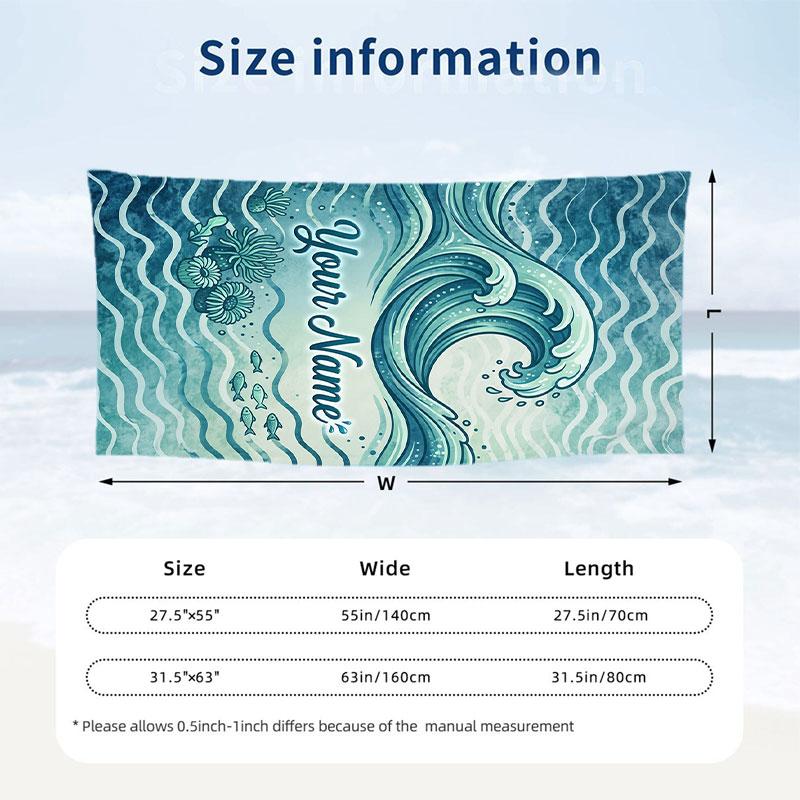 Ocean Waves Sun Theme Quick Dry Beach Towel Custom Name Text Print Large Sand Resistant Towel Beach Vacation