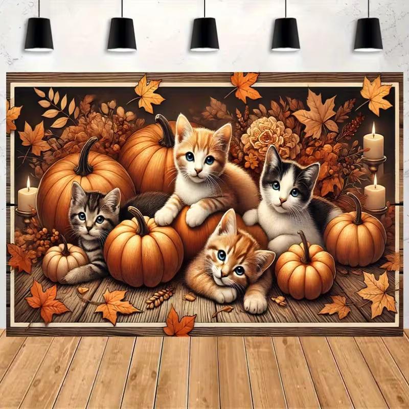 2D Thanksgiving Kitten Backdrop Adorable Cats & Pumpkins Fall Banner