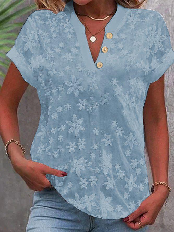 2025 Summer Casual Lace Embroidered V-Neck Women's Short-Sleeve Shirt