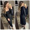 Split Solid Knitted Dress Long Sleeve Khaki Ribbed Casual Women Dresses Midi Ladies Bodycon Dress