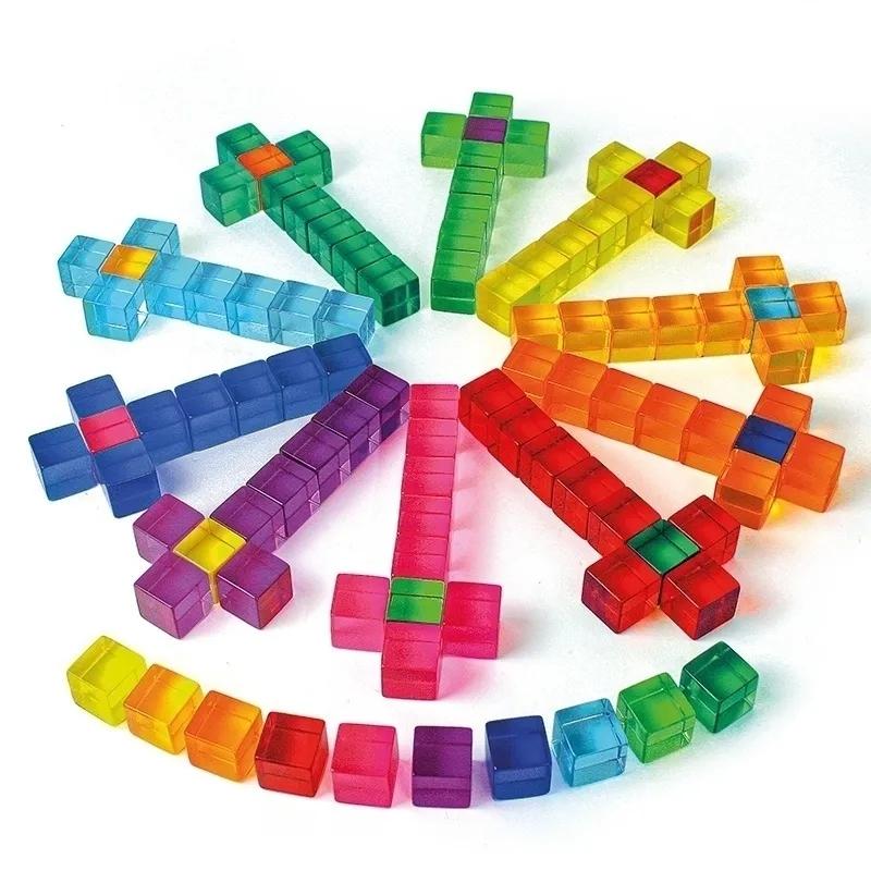 20-98pcs Rainbow Crystal Acrylic Cube Stacked Gemstone Blocks for Children To Learn Color Sensory Building Blocks