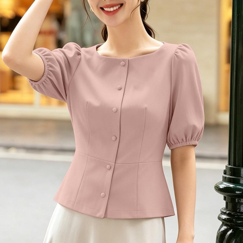 

ZANZEA Women Elegant Casual Round Neck Solid Color Short Sleeve Blouse 5XL рожевий
