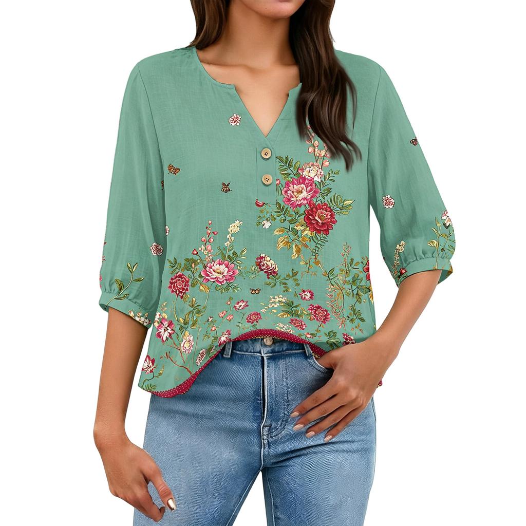 Women's Floral Print Henley Neck Button Front Shirt Three Quarter Sleeve Cotton Linen Blouse Casual Loose Fit