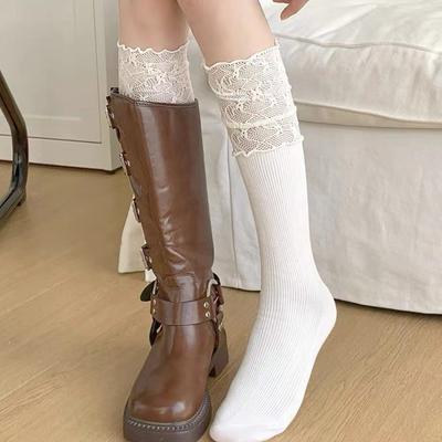 Spitzen-Patchwork Herbst- und Wintersocken, Damen-Wadensocken, Hohe Ballettstiefel-Socken, Spitzen-Schweißabsorbierende Spitzen-Frotteesocken