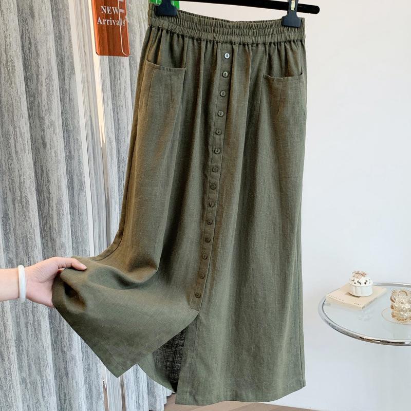 Spring and Summer Cotton and Linen Literary Skirt Retro Simple Mid-length Elastic Waist A-line Skirt