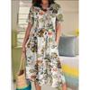 Women's Fashion Summer Spring Flower Pattern Print Short Sleeve V-Neck Middle Waistline Casual Dresses
