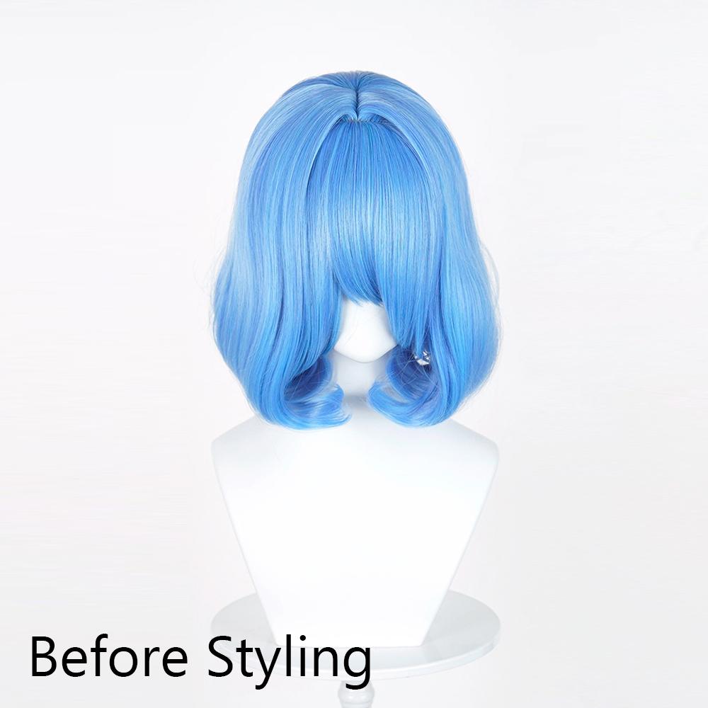 Short Straight Blue Synthetic Wigs with Bangs Anime Game Cosplay Fluffy Wig Heat Resistant for Daily Party