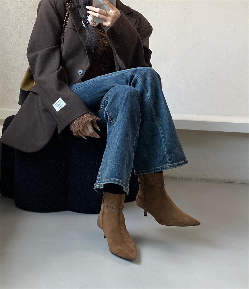 

Европейская станция женская обувь 25 осень и зима модные мягкие корейские фланелевые остроносые темпераментные ботильоны на шпильке с боковой молнией 40