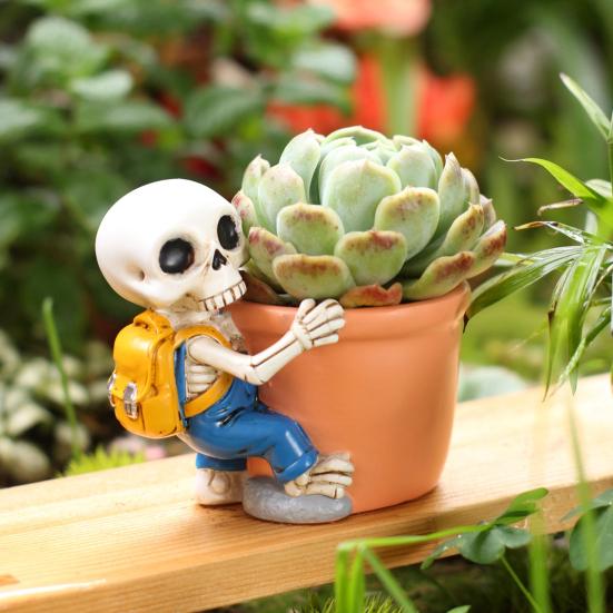 Cute Skeleton Planter Decorative Resin Flowerpot Small Skeleton Plant Pot for Succulents Halloween Desktop Decoration