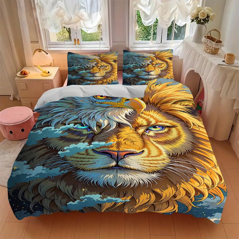 3pcs Eagle Lion Artwork Bedding Set - 1 Duvet Cover + 2 Pillowcases(Core Not Included), Machine Washable Polyester Yy251216111