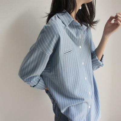 Loose Blue Striped Shirt Women Stylish Minimalist Oversized Long Sleeve Top