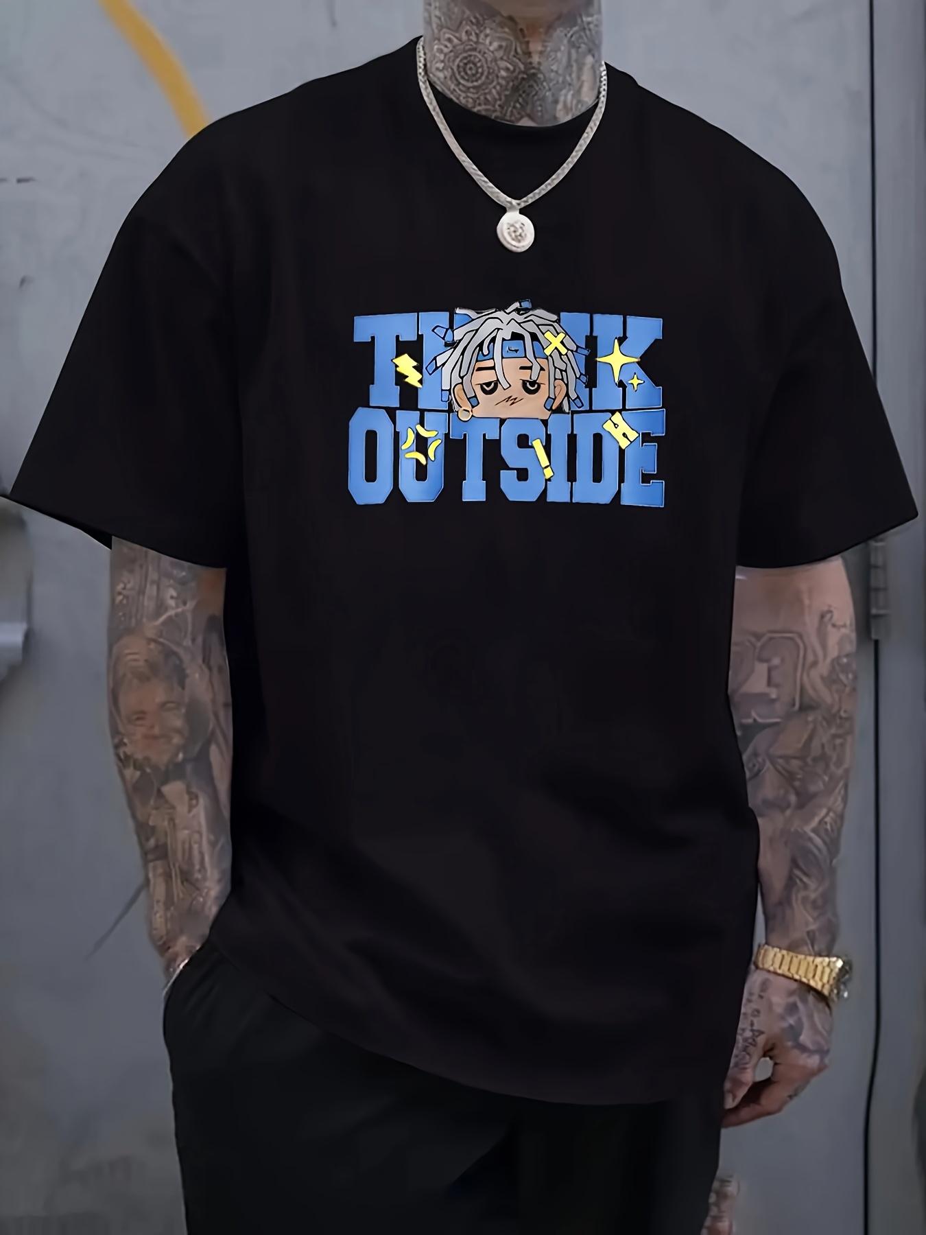 Black Graphic T-shirt with Bold Blue for THINK OUTSIDE Text & Anime Character Design - Casual Short Sleeve M