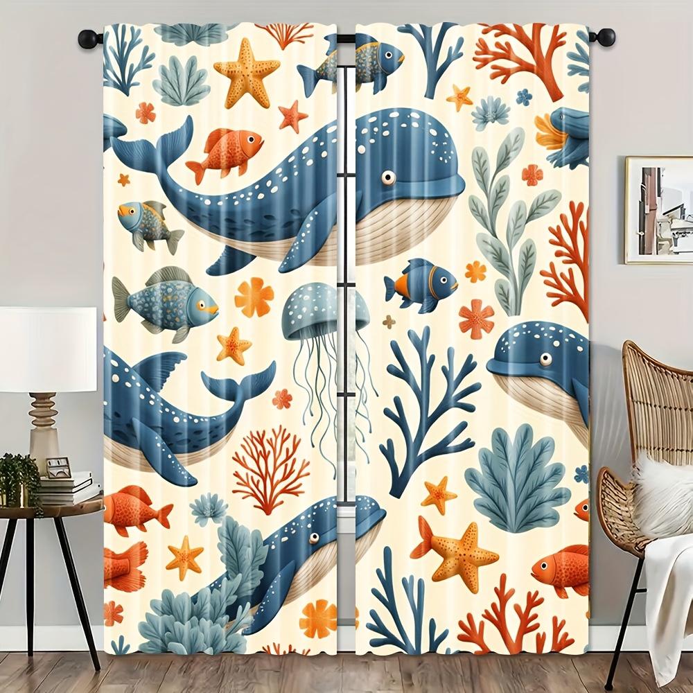 2pcs Colorful Sea Animal Ocean Curtains - Semi-Sheer, Whimsical Whale, Fish & Coral Design, Rod Pocket for Bedroom, Living Room,