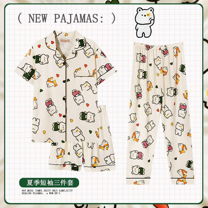 Soft Waxy Rabbit Pajamas Women's Japanese Milk Gentle and Cute Cartoon Girly Casual Short-sleeved Loungewear Three-piece Set