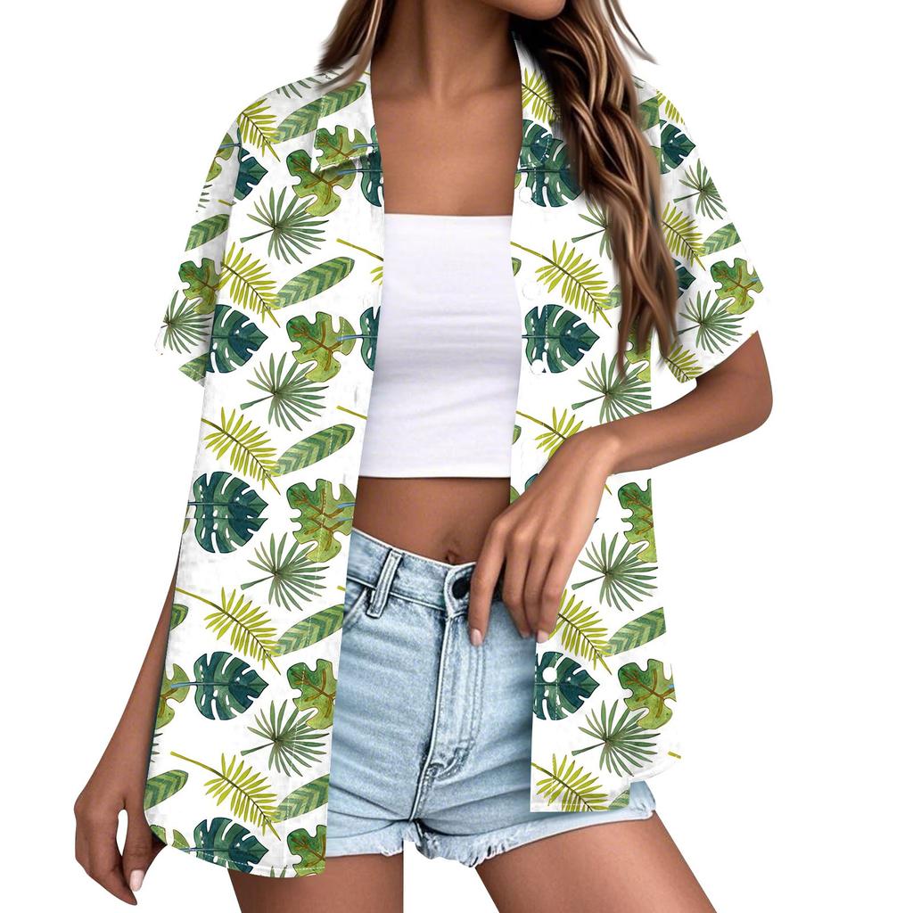 Moda Donna Casual Hawaiana Stampata Manica Corta Abbottonata con Risvolto Blusa Top