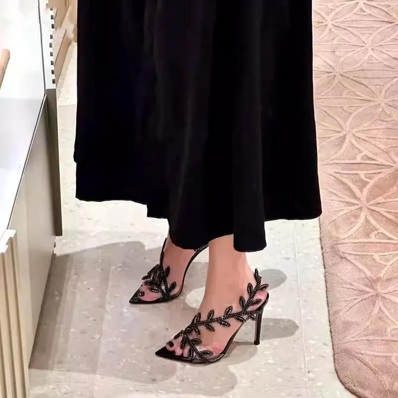 Women Fashion Sandals Designer Rhinestone Open Toe Pointed Toe Transparent High Heels Fine Heel One Strap Celebrity Women Shoes