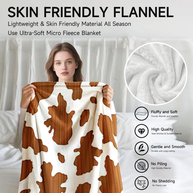 1 piece cow print brown and white flannel blanket, soft, suitable for sofa, bed, office, all-season use.