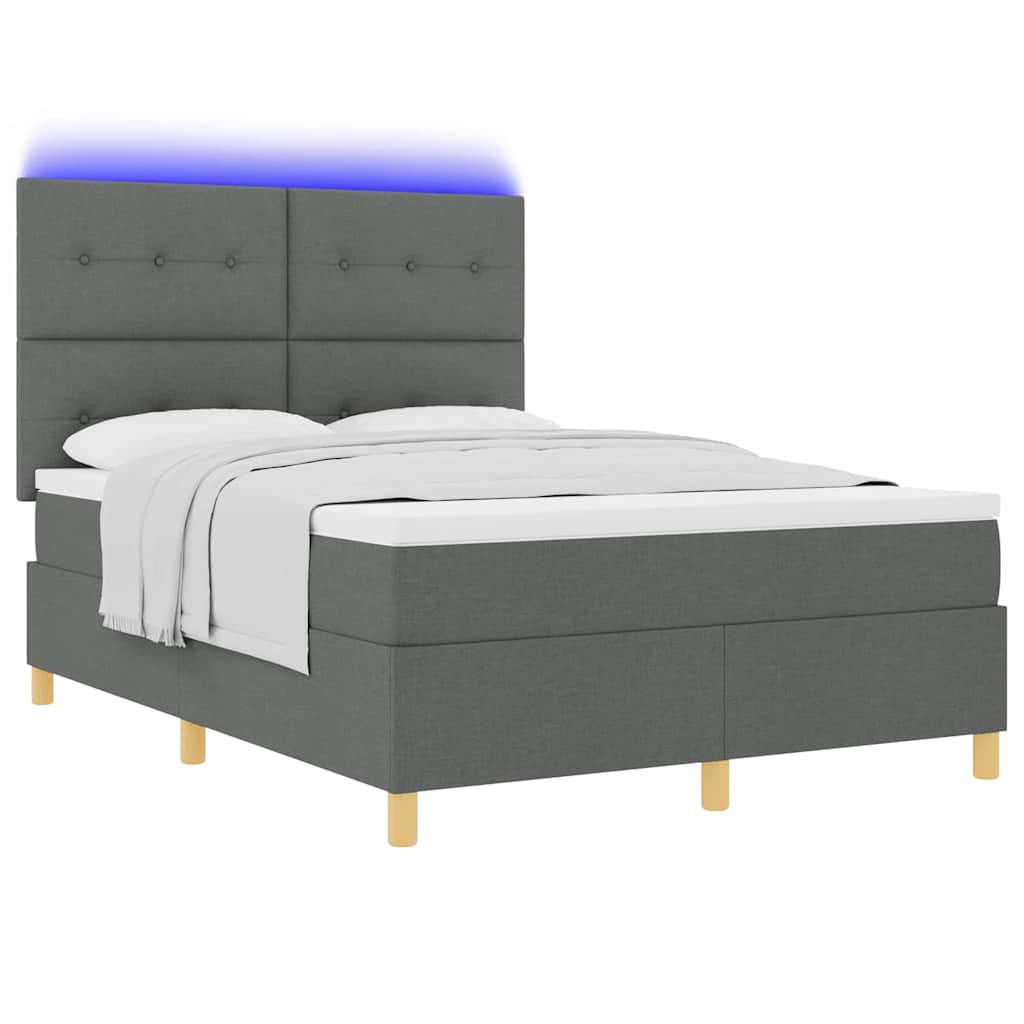 LED Box Spring Bed with Mattress Dark Gray 140 x 190 cm Fabric
