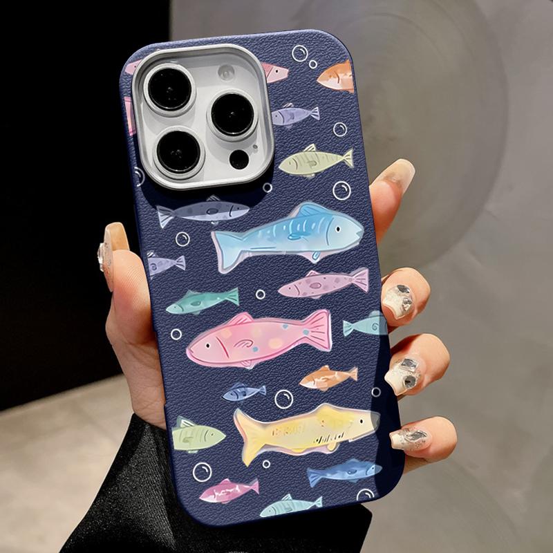 Cute Little Fish Phone Case For iPhone 16 Cases for iPhone 15 14 13 Pro Max 16e Magnetic For Magsafe Wireless Charge Leather Texture Silicone Cover