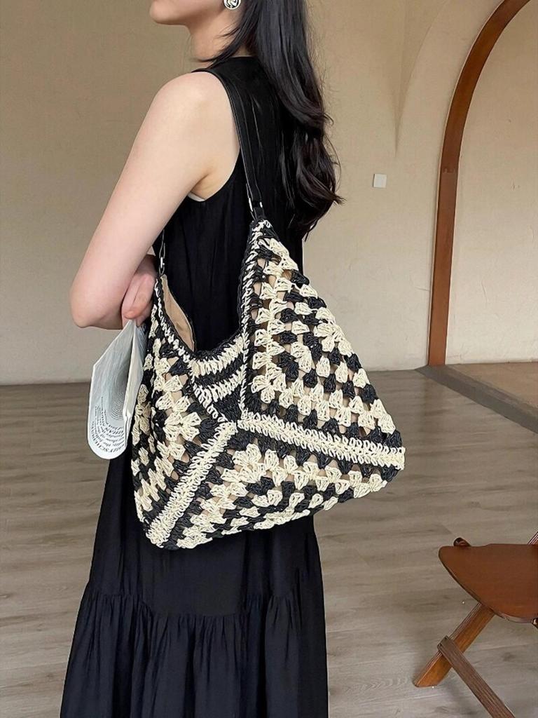 Moda Estiva Coreana Borsa Intrecciata in Paglia da Donna per Vacanze al Mare Borsa a Spalla Tote Vuota Borsa Cesto Intrecciato per Verdura