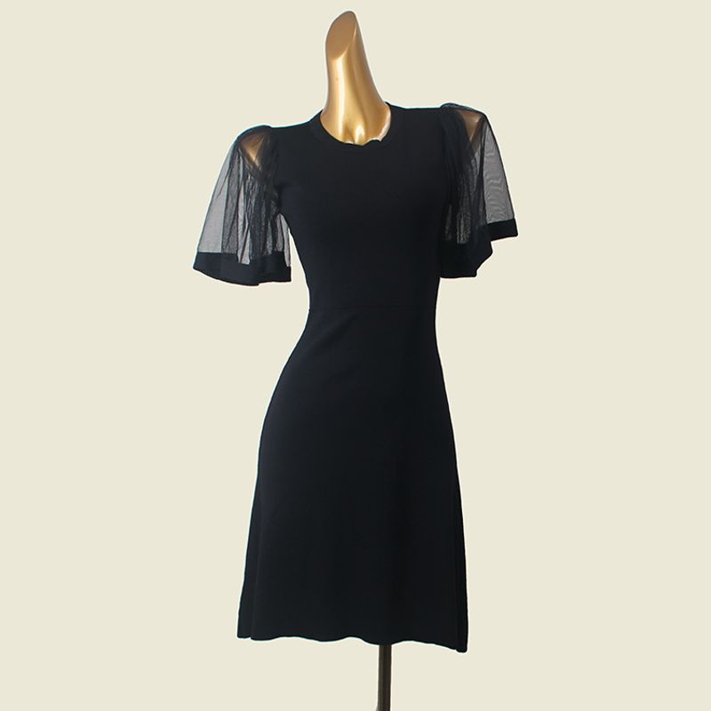 

French style Hepburn Style Mesh Patchwork Dress Summer Waist Hugging Black round Neck Knitted Foreign Trade A- line Skirt Black M