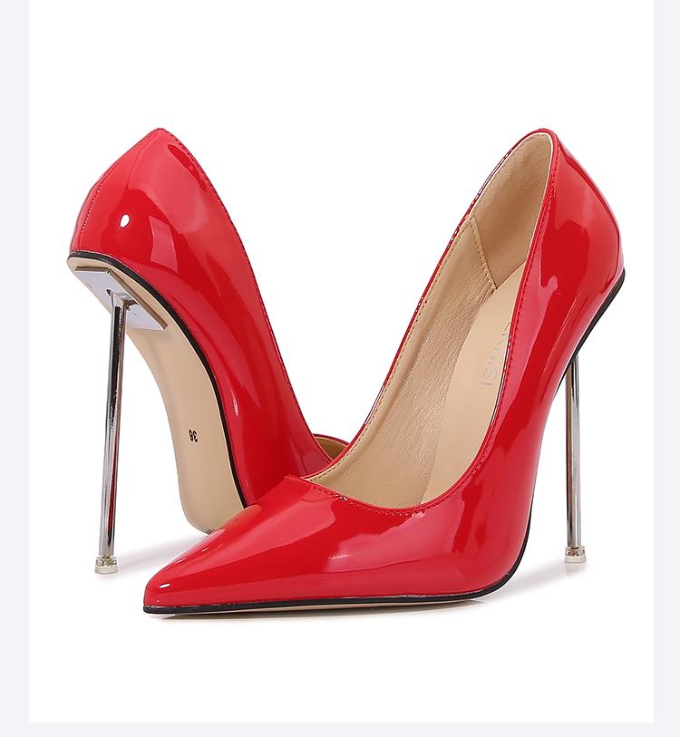 Fashion Super high heels for women, slim heels, pointed toe, shallow mouth single shoes new patent leather plus size reverse shoes, 12CM