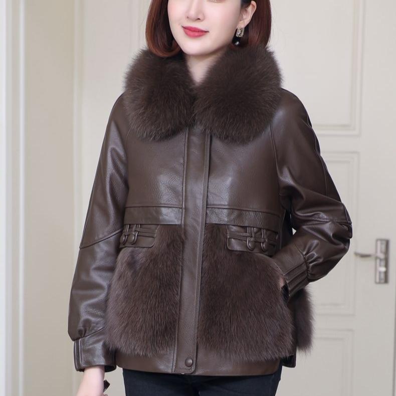 Autumn Winter Women's Faux Fur Coats Stitched Artificial Fox Fur Collar Fur Coat Short Slim Down Leather Jacket