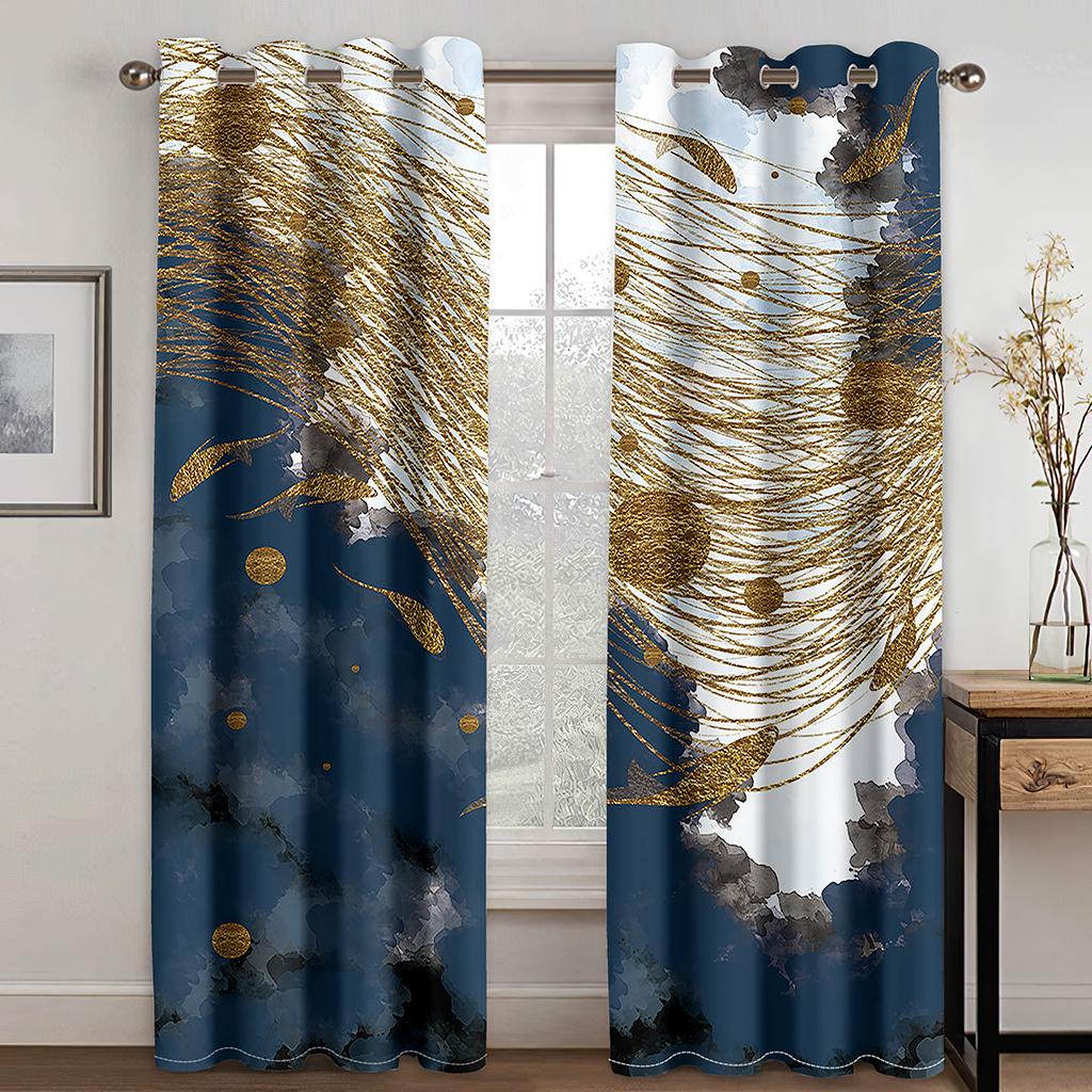 Modern Black Gald Marble Texture Crack Thin 2 Pieces Light Filtering Curtain for Living Room Bedroom Home Window Drape Decor