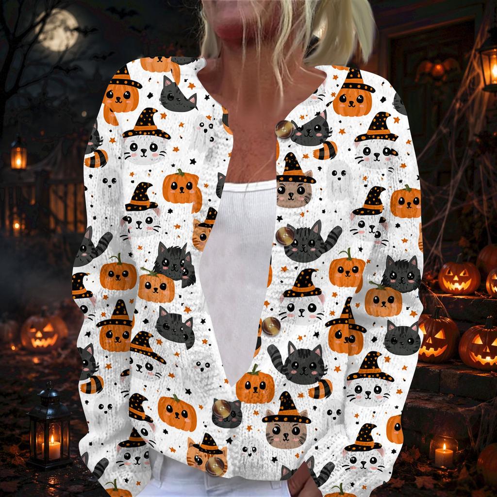 Women's Halloween Print Long Sleeve Knit Cardigan Button Front Fall Casual Outerwear