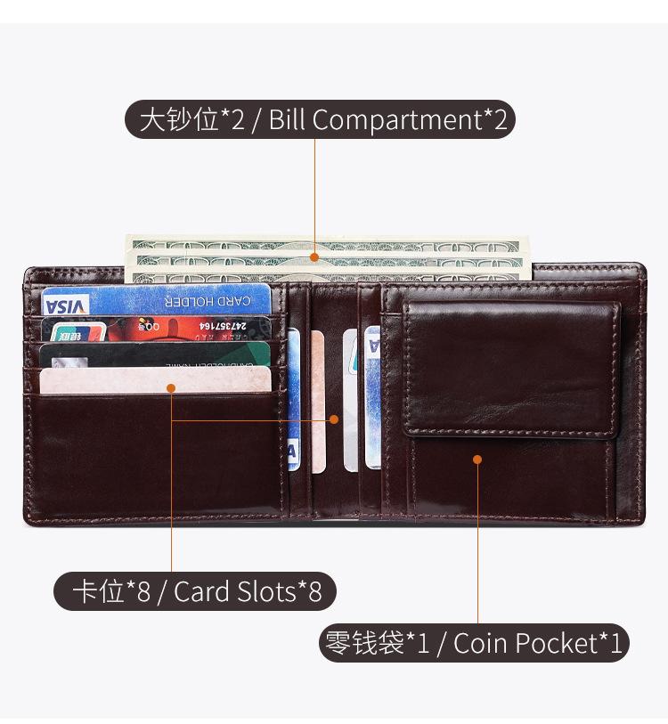 Genuine Leather Wallet Men RFID Blocking Oil Wax Cowhide Bifold Short Purse Large Capacity with Coin Pocket