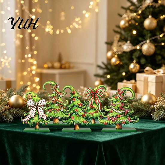 Vintage Cartoon Style Ornaments 5 Pcs Wooden Tabletop Christmas Tree Signs, Rustic Standing Green Festive Party Table Decorations Desktop Ornament