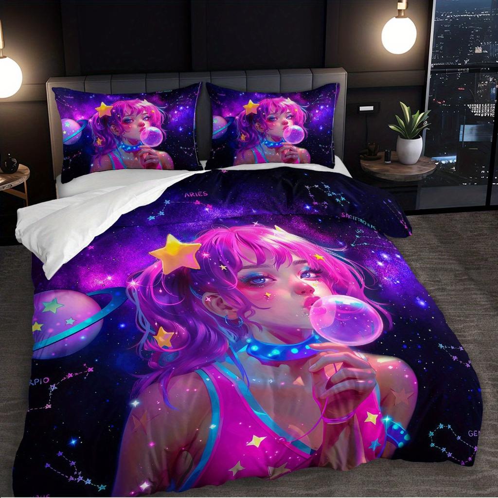 3pcs Anime Girl for galaxy Bedding Duvet Cover Set Zodiac Constellation Bedding Quilt Set Cute Girl Themed Bed Quilt Set Space