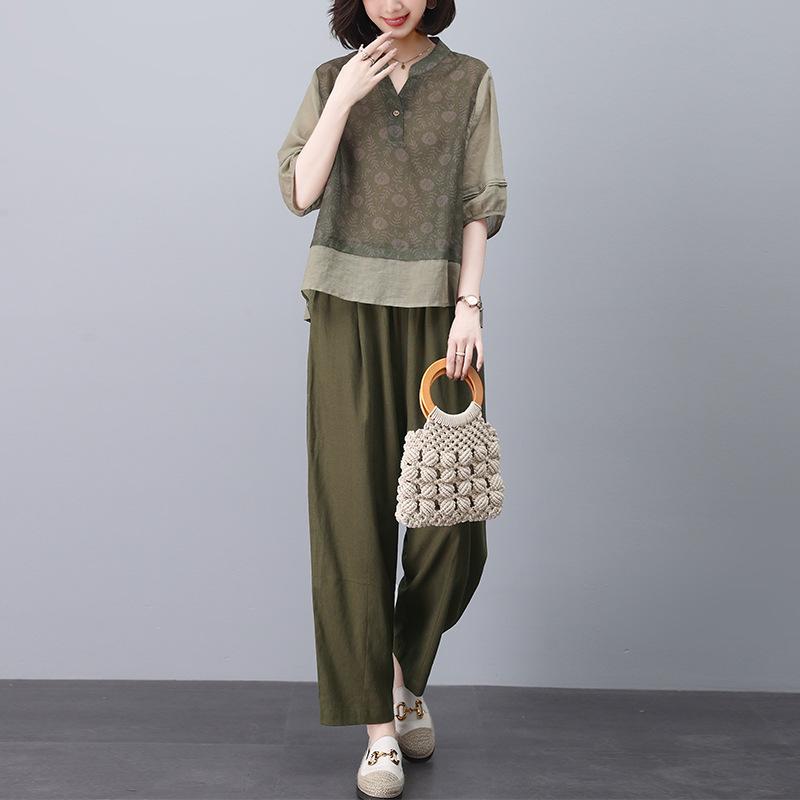 Dámský letní lněný ležérní oblek 2024: Módní bavlněno-lněný dvoudílný set pro ženy středního věku, plus size, drobné maminky