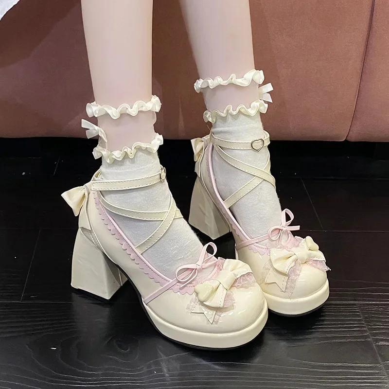 Fashion Thick Heel High Heels Cute Bow Knot Women's Shoes Sweet Lolita Water-Proof Platform Summer Flat Shoes round Toe Loafers