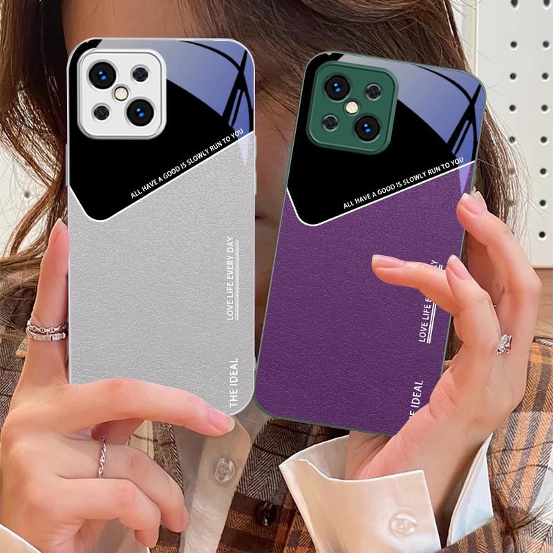 Leather Grid Element For Oppo Find X5 X8 Pro X3 Lite A72 58 73 54S F11 79 Reno 6 4Z 5G Nord N200 Tempered Glass Phone Case