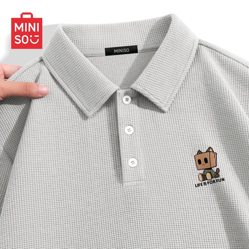 MINISO Men's Waffle Polo Shirt with Cat Chest Badge