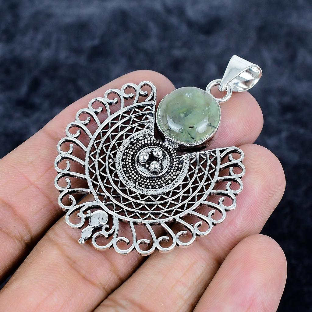 Prehnite Gemstone Handmade 925 Sterling Silver Jewelry Pendant 2.29" MM-3406