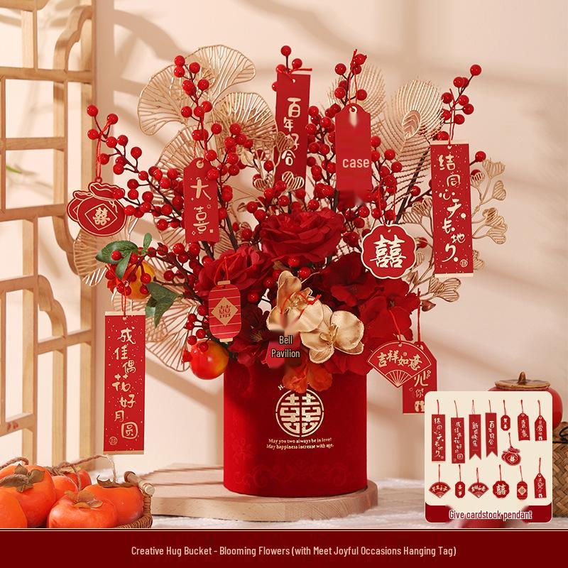 Engagement & Wedding Ornaments: Room Decor Bouquet & Double Happiness Bucket Set for Newlyweds - Ideal for Master Bedroom & Living Room.