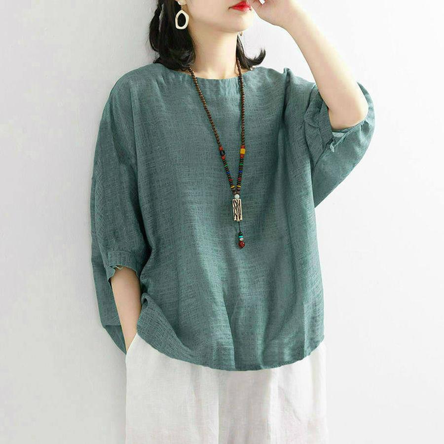 Summer New Style Plus Size Women's Loose Casual Solid Color Cotton Linen Short Sleeve T-Shirt Top