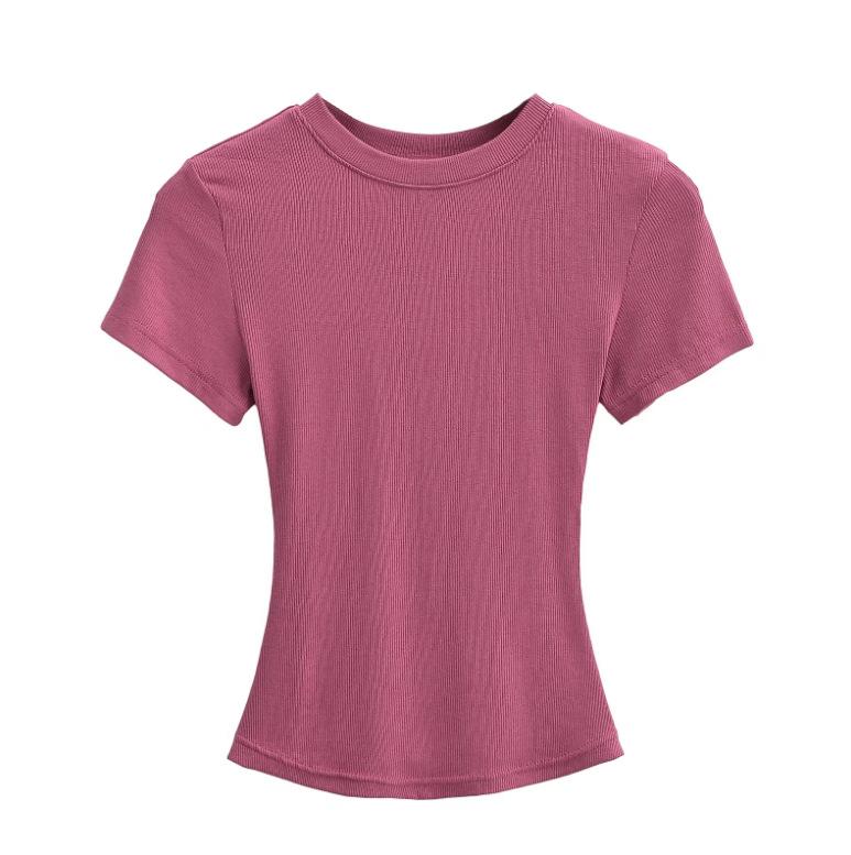 Summer New Female American Spice Girl Solid Color Crew Neck Short Sleeve T-Shirt Basic Threaded Bottom Top