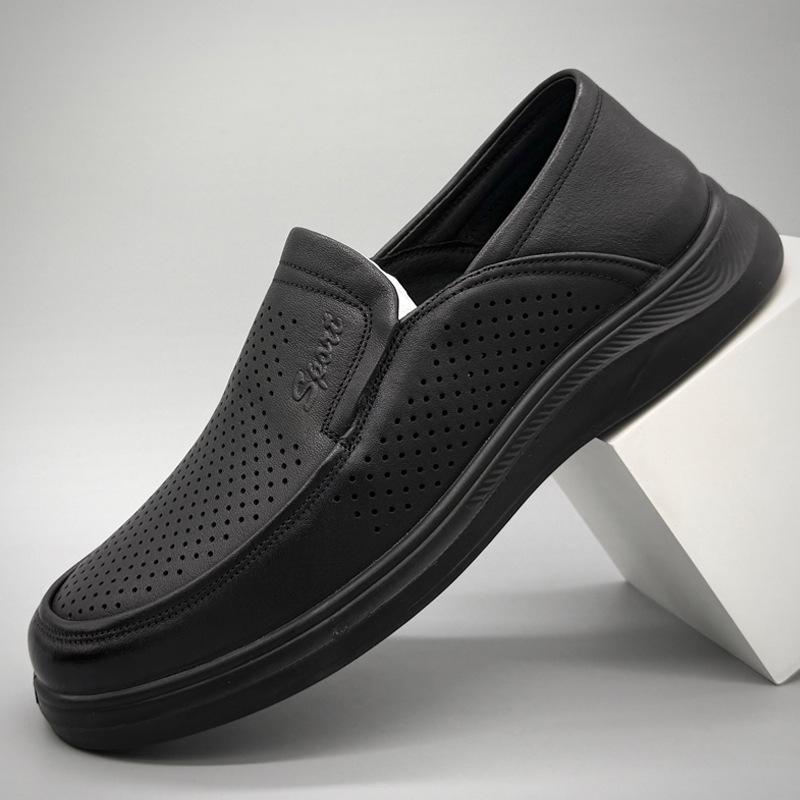 Men s Summer Genuine Leather Slip-On Sandals – Perforated, Soft Sole Casual Shoes for Dad Size 39 чёрный
